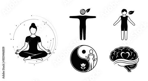 Embrace holistic wellness with mindful meditation and balanced living icons showcasing mental clarity and personal growth