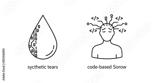 Conceptual illustration of emotional distress linked to technology and artificial intelligence, symbolizing synthetic tears and coding-related sorrow.