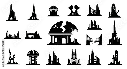Dramatic silhouettes depict iconic ruined structures and broken bridges symbolizing disaster, post apocalypse, or historical decline for compelling visual storytelling.