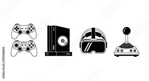 Diverse collection of modern gaming equipment including controllers, console, VR headset, and joystick for immersive digital entertainment experiences.