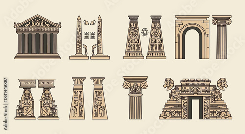 Discover ancient architectural wonders including Greek temples, Egyptian obelisks, hieroglyphic columns, and ornate arches for historical projects.