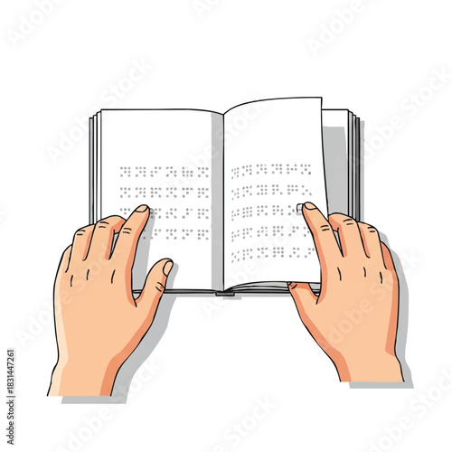Illustration of two hands holding an open book with text on the pages against a white background.