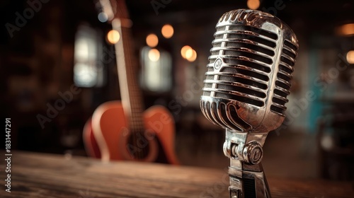 Vintage microphone and acoustic guitar setting concept. Vintage microphone and guitar set the mood for live music.