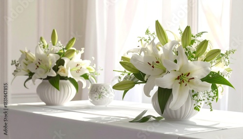 White lilies in decorative vases, resting on a table near a bright window