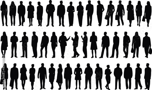 Diverse group of black human silhouettes standing and walking