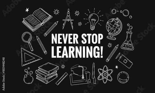 Chalkboard doodle art with educational symbols illustrating the concept of continuous learning and personal growth