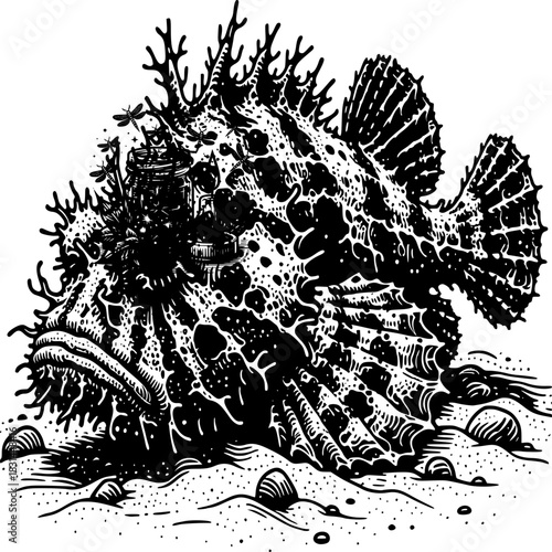 Cryptic Predator: An intricately detailed illustration of a robust, camouflaged frogfish rests on a sandy seabed, displaying its unique texture and form.