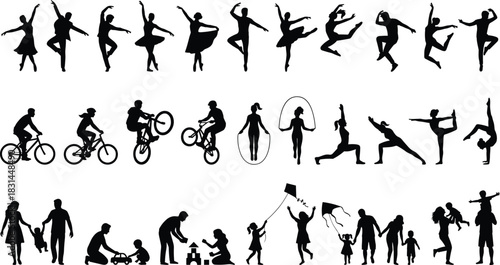 Silhouettes of active people performing different activities dancing ballet, cycling, exercising, jumping rope, yoga, and family time, vector collection on white.