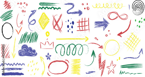crayon pencil color collection of hand-drawn doodle elements created with  pastel texture. 