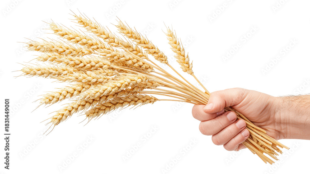 Fototapeta premium Hand Holding Wheat Stalks on White Background, Harvest, Agriculture, and Food Concepts