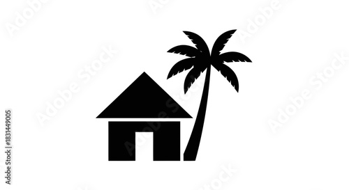 Charming tropical bungalow nestled beside a majestic palm tree evokes serene vacation vibes and peaceful island living