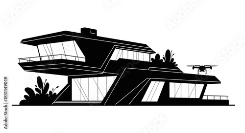 Sleek modern architectural marvel with integrated drone technology offers futuristic living and surveillance capabilities