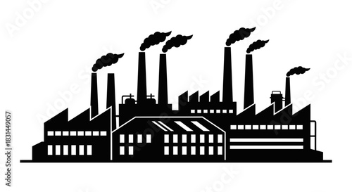 Iconic industrial factory silhouette with smokestacks emitting plumes of smoke, representing manufacturing and production power