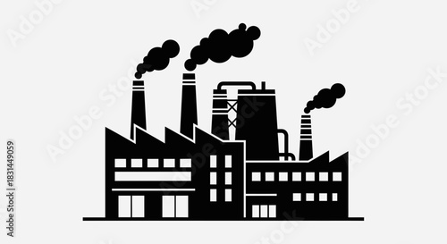 Modern industrial factory complex emitting smoke from chimneys, symbolizing production and manufacturing power.