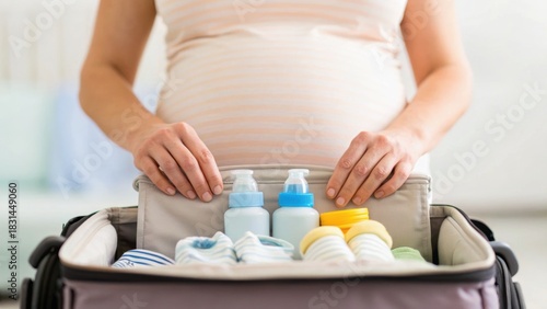 A pregnant woman organizes baby essentials in a bag, preparing for motherhood with bottles and clothing visible.