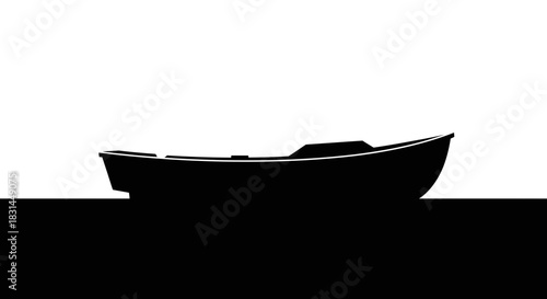 Sleek black silhouette of a modern boat rests serenely on dark water, evoking tranquility and minimalist elegance for design projects.