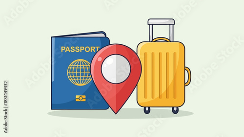 Global travel and tourism concept featuring a passport for identification, a suitcase for belongings, and a location pin for the destination