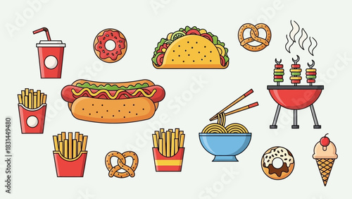 Set of Flat Style Fast Food Vector Illustrations with Hamburger, Fries, Taco, Donut and Drink