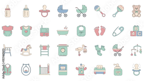 Comprehensive collection of baby and newborn related icons in a soft pastel color palette, perfect for baby shower invitations or parenting graphics