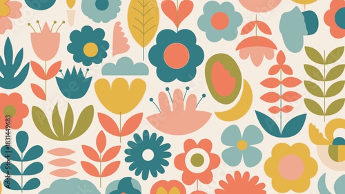 Retro Mid-Century Modern Floral Pattern Design with Vintage Botanical Elements