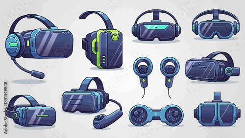 Collection of virtual reality headsets and controllers, technology for immersive entertainment and gaming experiences