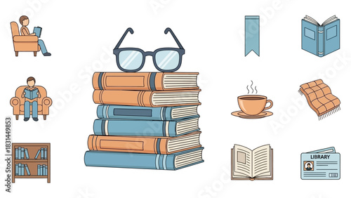 Cozy Reading A Stack of Books with Accessories in a Hand-Drawn Style