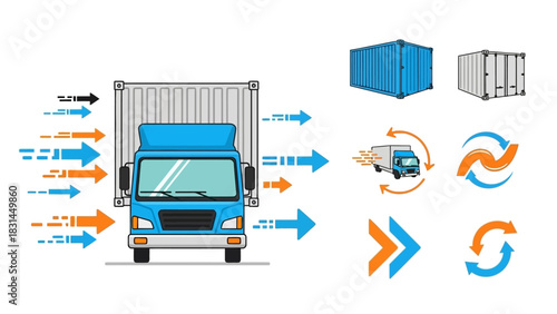 Conceptual vector illustrations depicting streamlined logistics operations, freight transport, and global supply chain management with delivery trucks and shipping containers