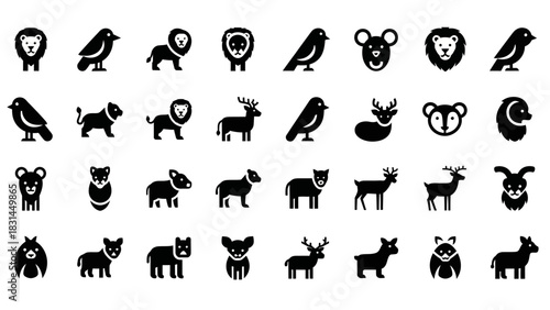 Collection of Animal Icons Diverse Illustrations of Lions, Birds, Deer, and More in Black and White