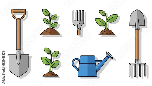 Vibrant flat design illustration of essential gardening tools and young plant sprouts, perfect for spring planting and home garden cultivation, featuring shovels, rakes, watering can
