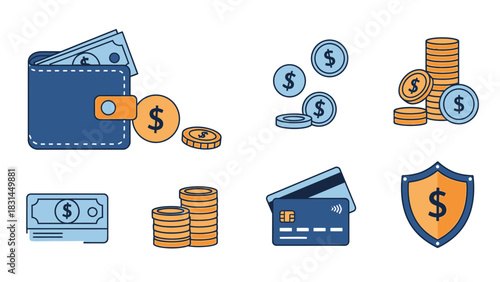 Financial Security Money, Wallet, Coins, Credit Card, and Shield Icons