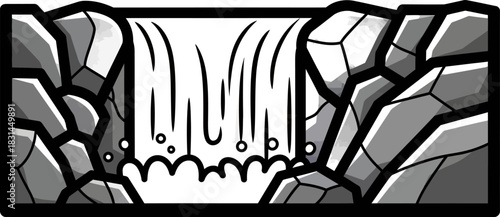 Stylized Waterfall Illustration with Rocky Outcrops.
