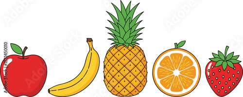  Colorful Row of Tropical and Orchard Fruits in Clean Vector Style