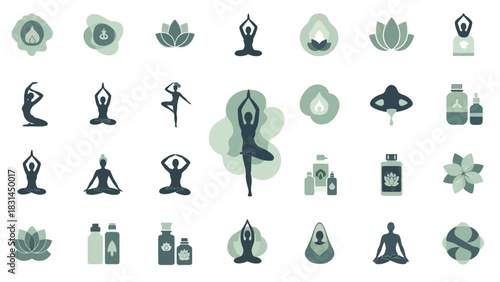 A collection of minimalist green icons representing yoga poses, spiritual symbols, and wellness for mind-body harmony