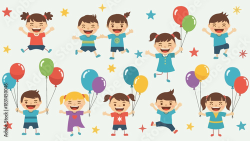 Children's Joy Cheerful Kids with Balloons and Stars Illustration