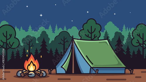 Cozy night camping illustration with a warm campfire and a comfortable tent under a starry sky in a dark forest, conveying tranquility