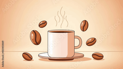 Vibrant illustration capturing the essence of a perfect coffee break, featuring a steaming cup surrounded by dynamic, falling coffee beans on a clean, minimalist background