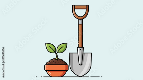 Gardening essentials A small, vibrant plant in a terracotta pot stands beside a sturdy shovel, symbolizing growth, new beginnings, and the joy of cultivation