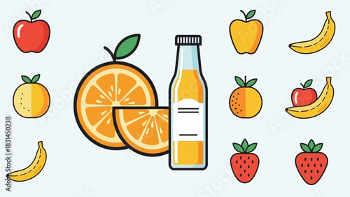 Fresh Juice and Fruit Icons A Colorful Collection for Healthy Lifestyle and Dietary Needs