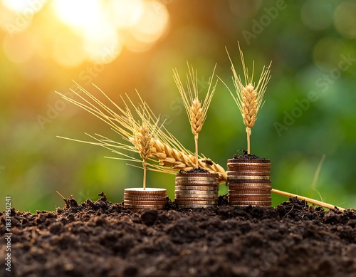 Stacks of coins topped with wheat, symbolizing growth and harvest