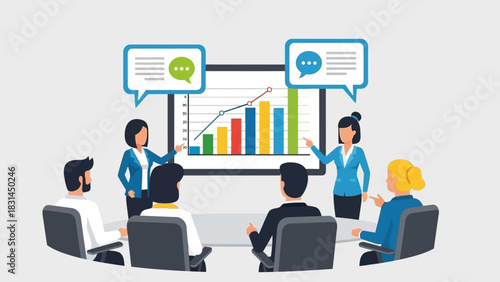 Business Meeting Presentation with Chart and Speech Bubbles Illustration