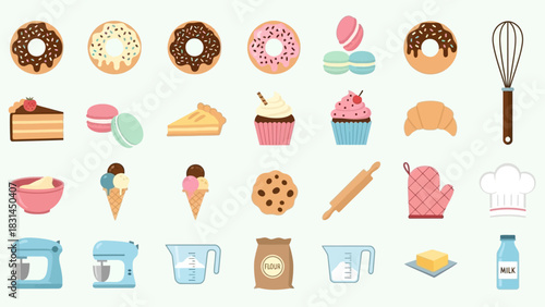 Delicious baked goods and baking tools collection, featuring sweet treats and essential kitchen equipment