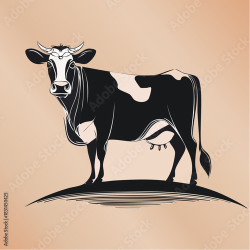 Elegant Black and White Cow Illustration on a Simple Landscape.