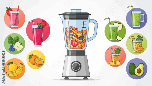 Colorful Collection of Fresh Fruit Smoothies and Ingredients Blending in a Modern Kitchen Appliance for Healthy Lifestyle and Nutritional Drinks
