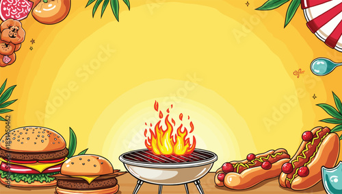 Sizzle and Grill – Energetic BBQ Illustration with Flaming Steaks on Charcoal Grill