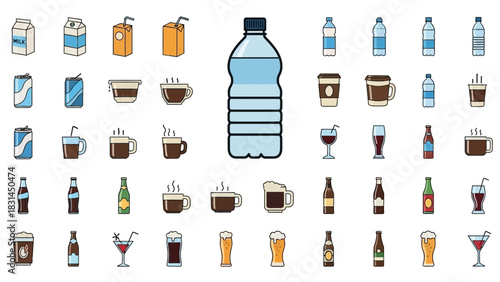 Colorful collection of diverse beverage icons featuring a wide array of popular drinks like refreshing water, juices, coffee, tea, soda, and various alcoholic beverages