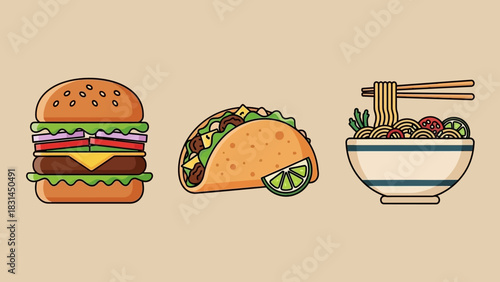 Delicious Trio Burger, Taco, and Noodles Vector Icons for Food Lovers
