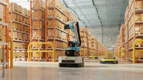 A modern automated warehouse featuring robotic arms, autonomous mobile robots, tall shelves, and organized cardboard boxes. The industrial environment highlights advanced logistics technology- 3D rend