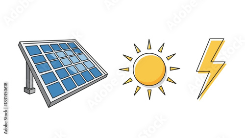 Solar panel, sun, and lightning bolt icons representing renewable energy and power generation