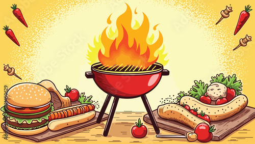 Colorful Summer Barbecue Grill with Burgers and Hotdogs – Fun Outdoor Cooking Art
