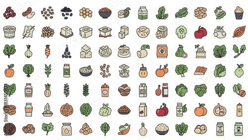Collection of colorful food icons representing various healthy ingredients and produce